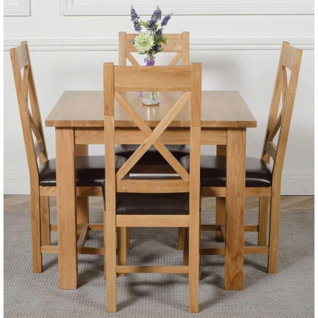 Square 90cm : Bàn Ăn Gỗ Sồi Vuông 90cm + 4 Ghế ( Lưng X - Mặt Nệm PU )
